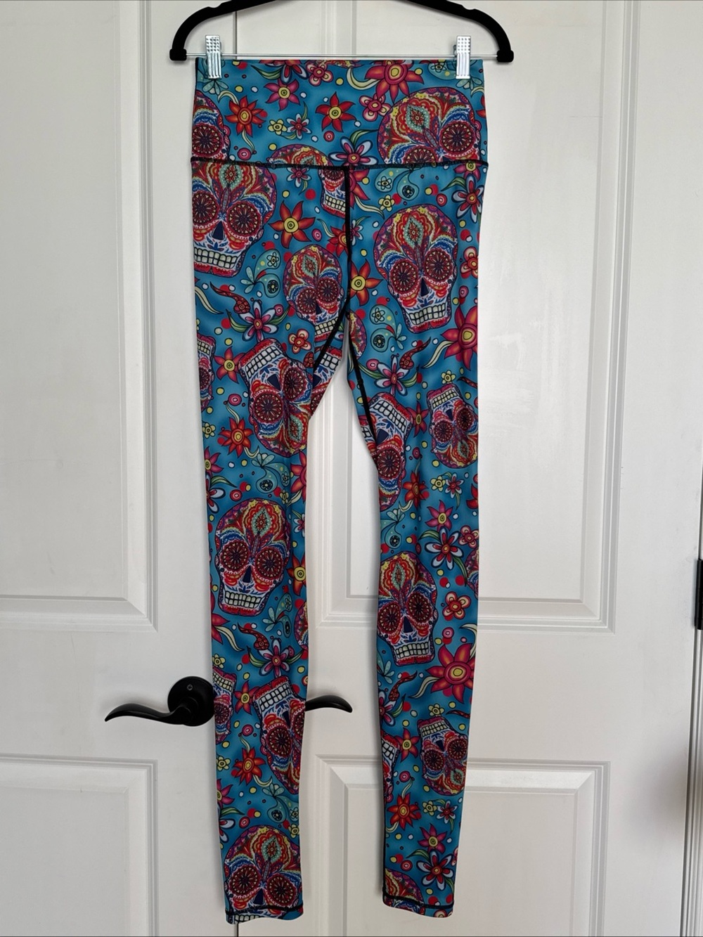 Yoga Democracy Leggings Womens Med Long Blue Sugar Skull Floral Print High Waist